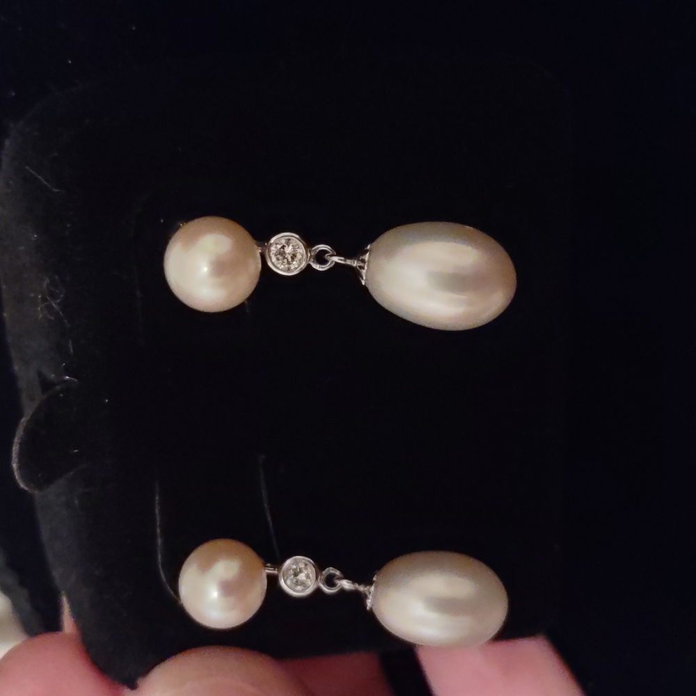 14kt white gold necklace with diamond and pearl drop pendant and earring… - Picture 12 of 14